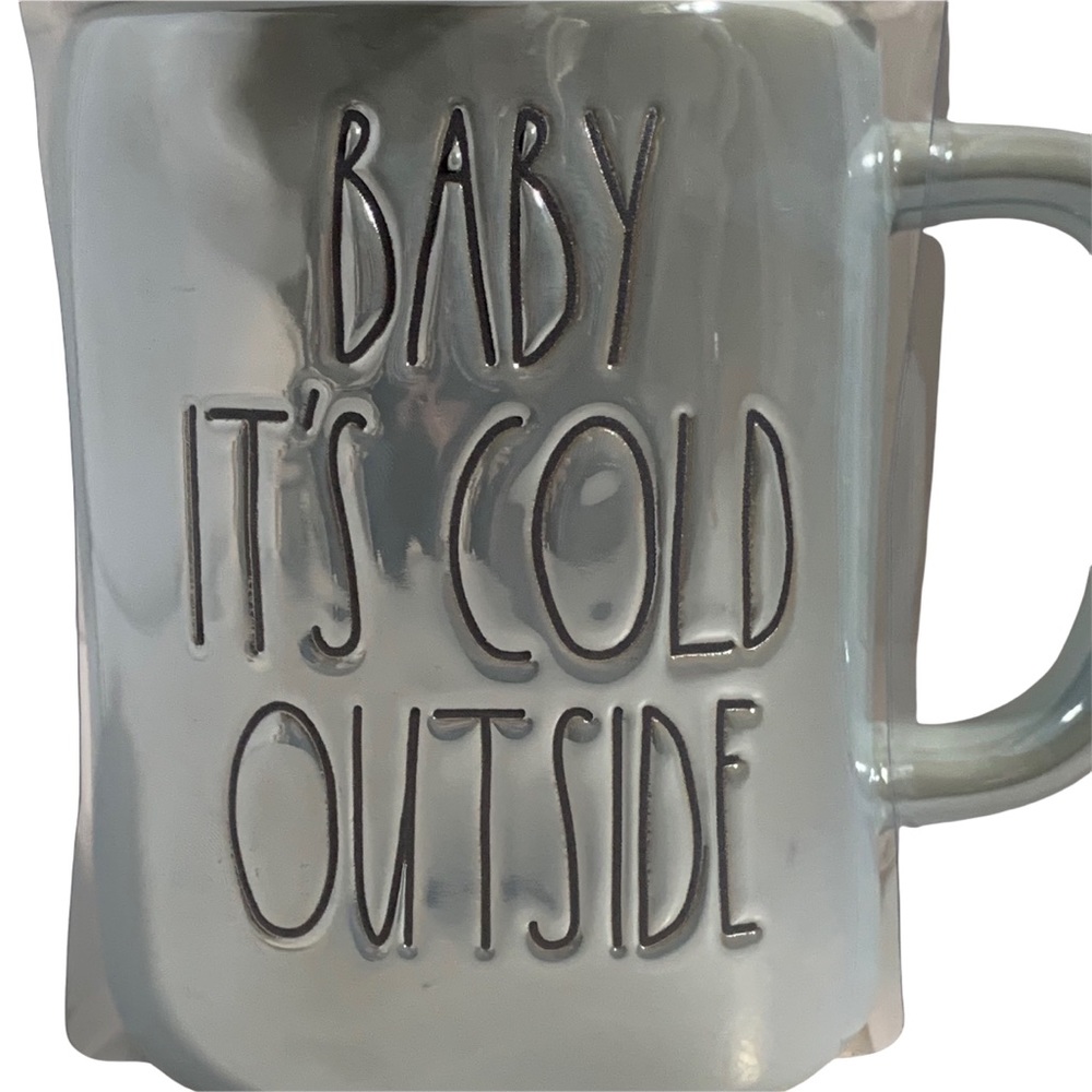‼️SOLD‼️ RAE DUNN “BABY IT’S COLD OUTSIDE” Mug Iridescent Blue Snowflake Topper - Picture 2 of 10